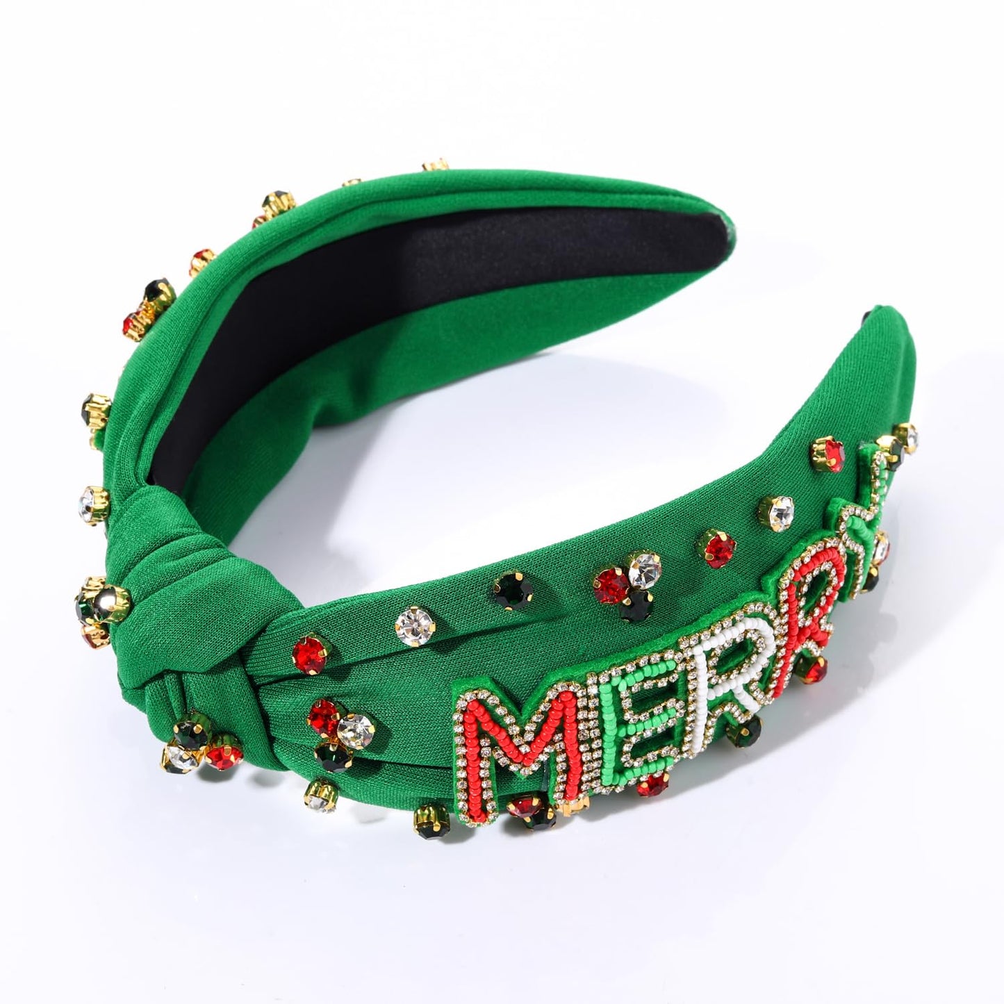 NVENF Christmas Headband for Women Jeweled Xmas Plaid Headband Embellished Crystal Pearl Knotted Headbands Wide Top Knot Holiday Headband Christmas Hair Accessories Holiday Outfits Gifts (MERRY)