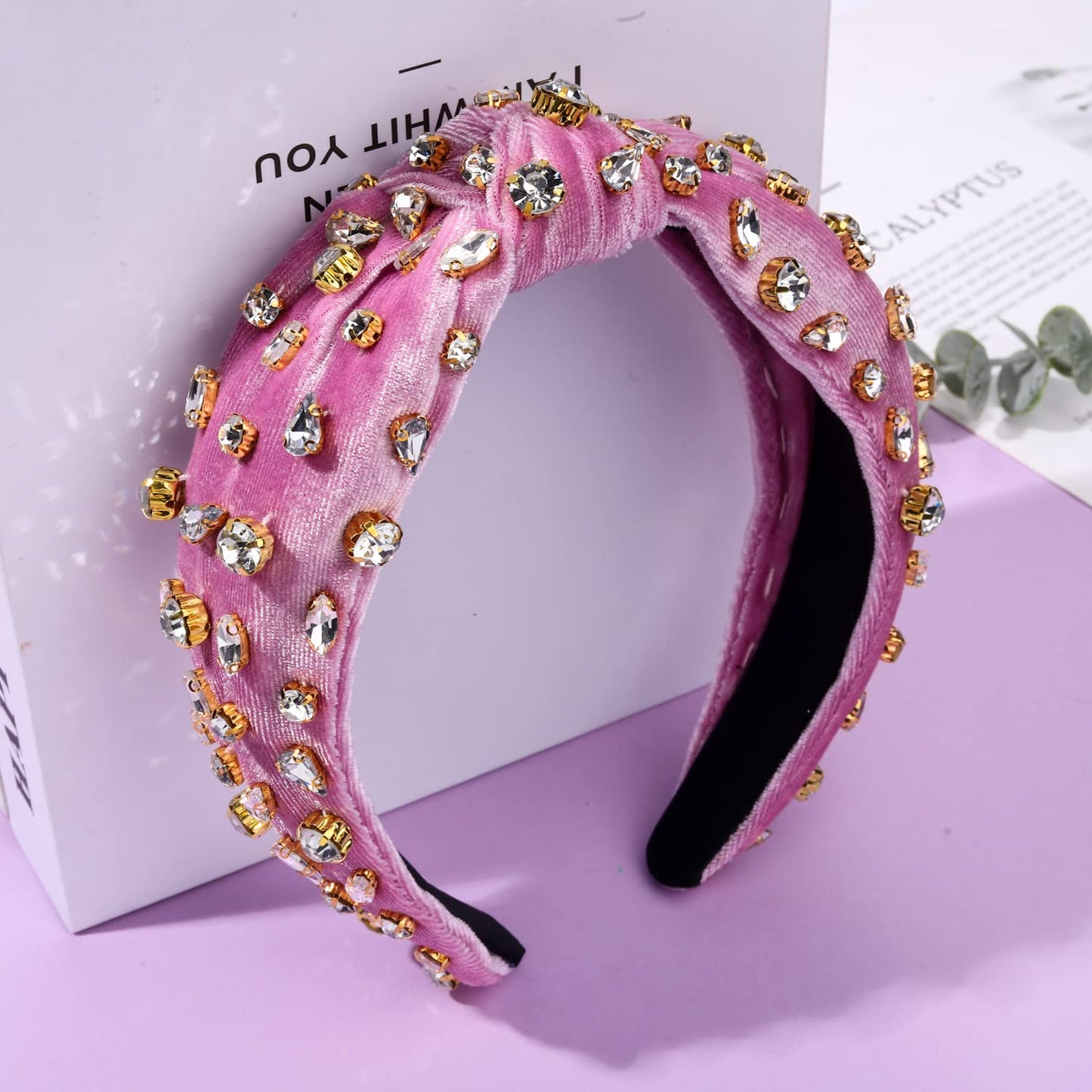 CENAPOG Rhinestone Knotted Headband for Women Sparkly Crystal Embellished Hairbands Twist Turban Headband Elastic Wide Velvet Hair Hoop Party Wedding Headwear for Girls (pink)