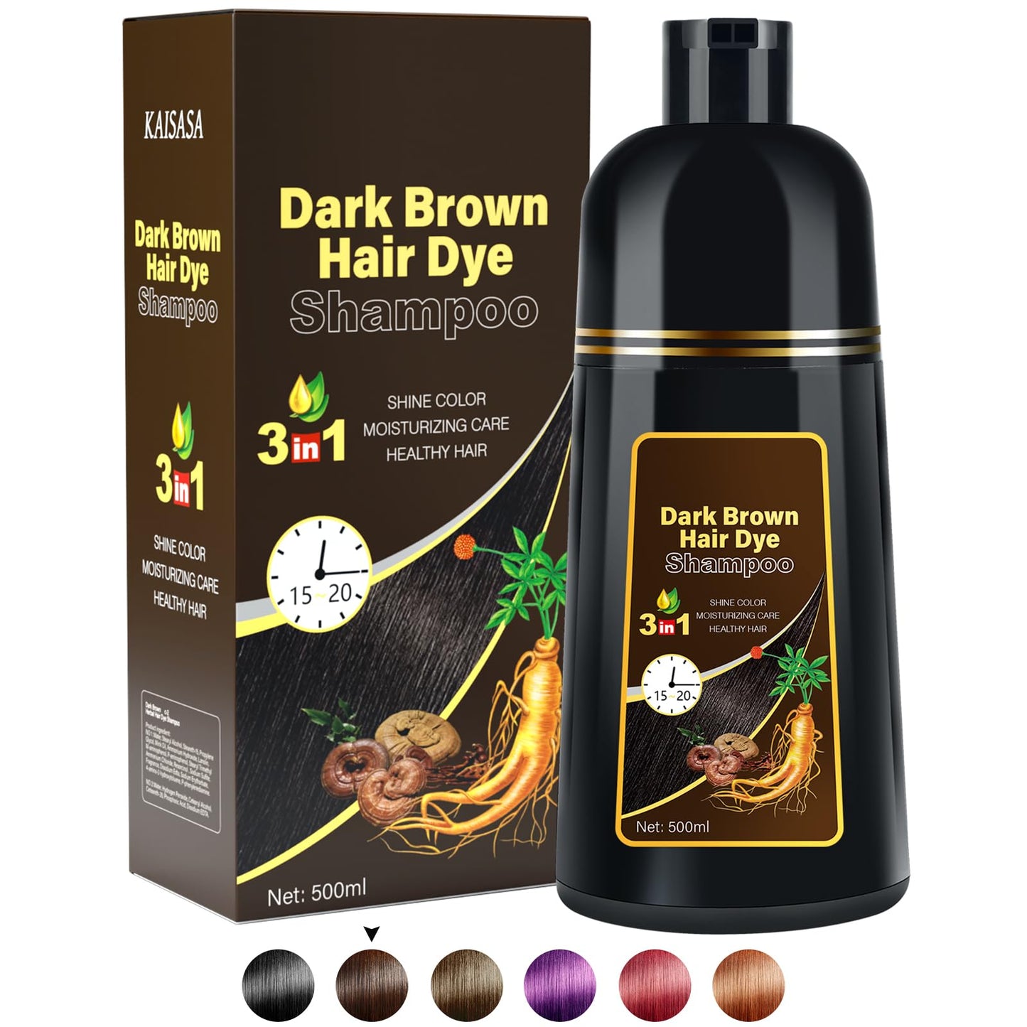 MOISTAR Dark Brown Hair Dye Shampoo 3 in 1 Shampoo para canas mujer for Gray Hair Coverage Hair Color Shampoo for Women and Men Instant Herbal Ingredients - Long Lasting 500ML