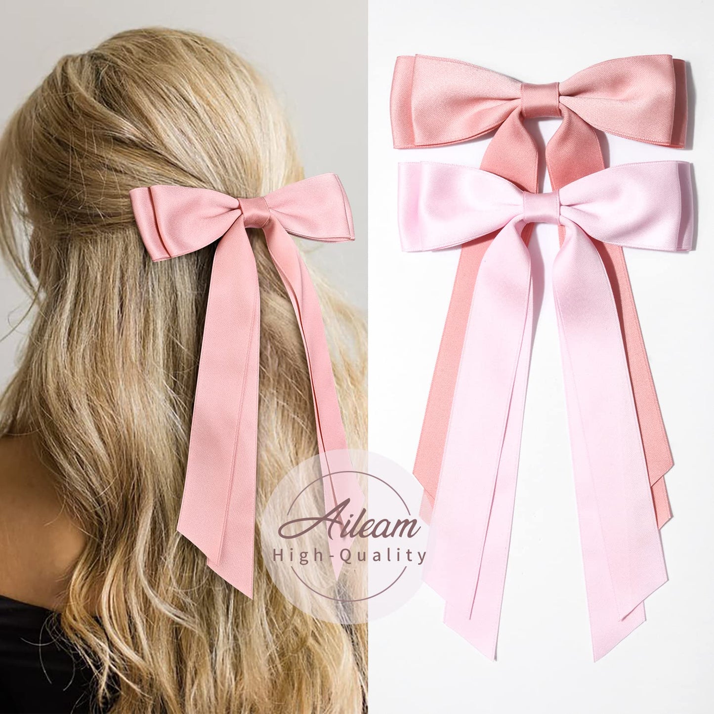 2PCS Silky Satin Hair Bows Hair Clip Pink Hair Ribbon Ponytail Holder Accessories Slides Metal Clips Hair Bow for Women Girls Toddlers Teens Kids