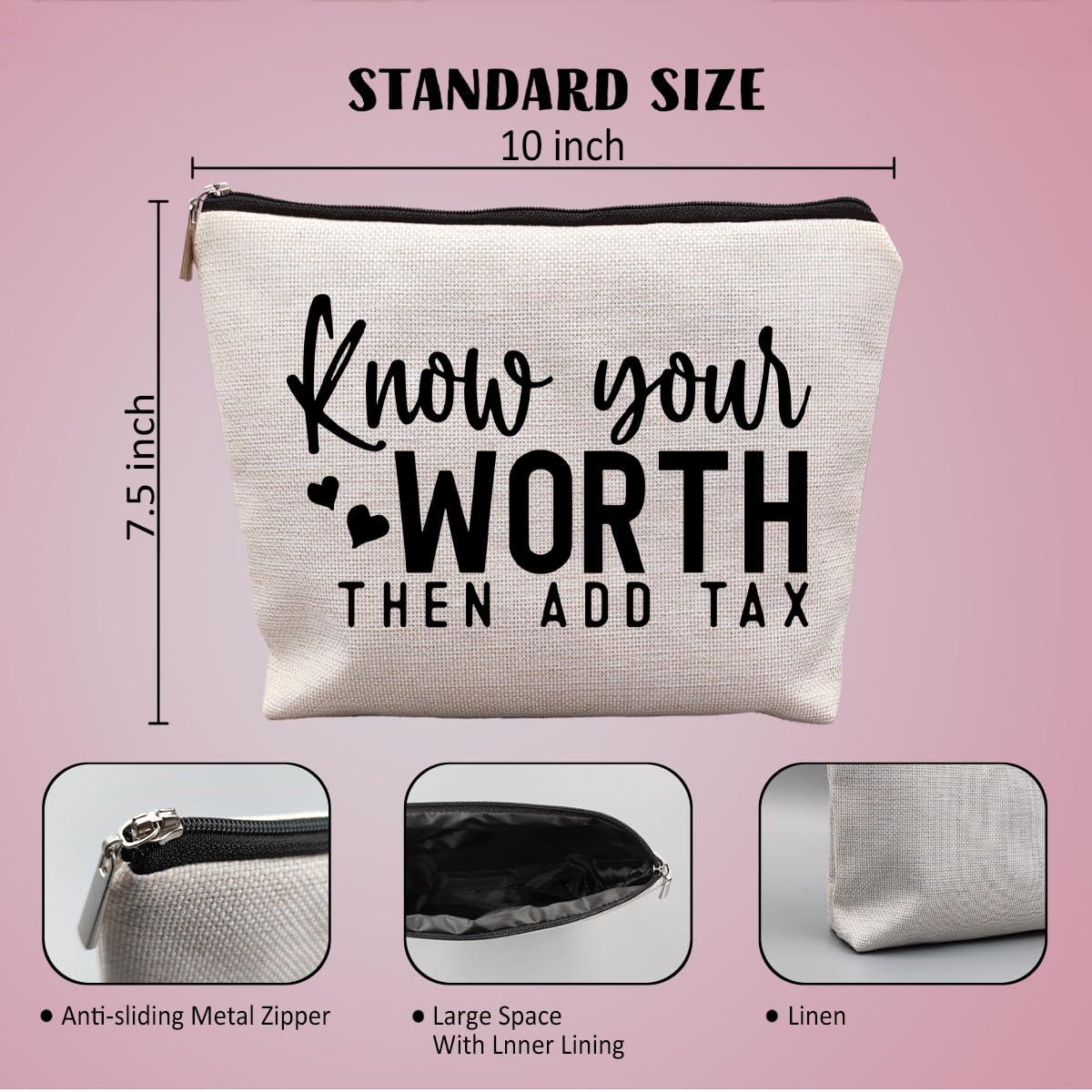 uinwk Funny Self Confident Gifts, Inspirational Motivational Encouragement Gifts for Women Coworkers, Know Your Worth Then Add Tax Funny Makeup Cosmetic Bags for Women