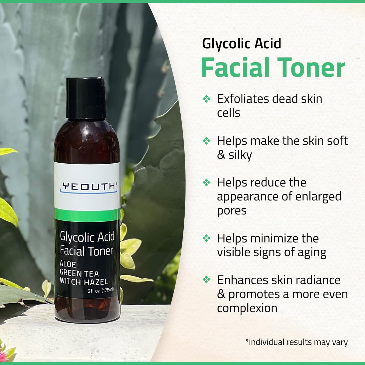 YEOUTH Glycolic Acid Toner for Face with Witch Hazel, Facial Toner, Gentle Exfoliating Hydrating Body & Face Toner for Women, Skin Toner, 8% Glycolic Toner 6oz