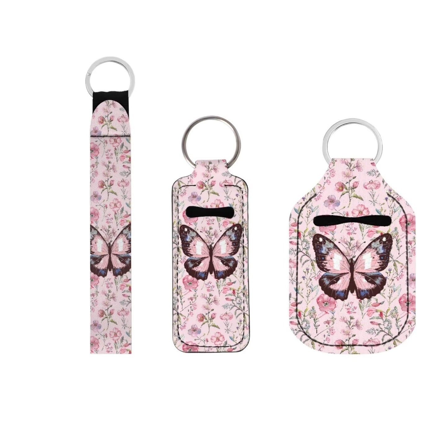 Suobstales Butterfly Flower Print Travel Keychain Holders Kits, Travel Bottle Chapstick Lanyard Keychain Holders Set Neoprene Balm Holders Pouch Makeup Storage Organizer, Set of 3