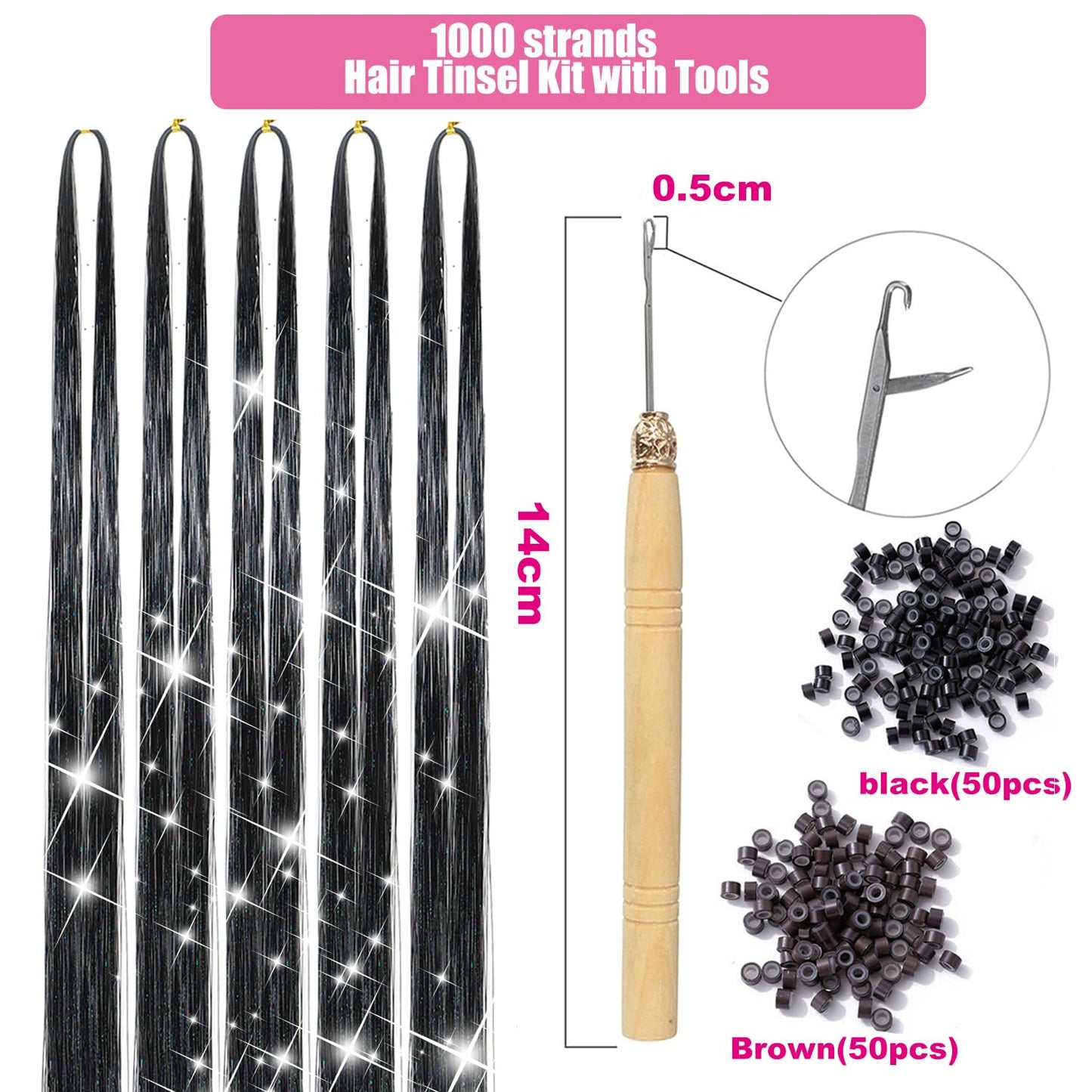 Hair Tinsel Kit 1000 Strands and 6 Pcs Clip in Hair Tinsel Glitter Tinsel Hair Extensions Heat Resistant Sparkling Fairy Hair Accessories for Kids Women Girls (White Pink)