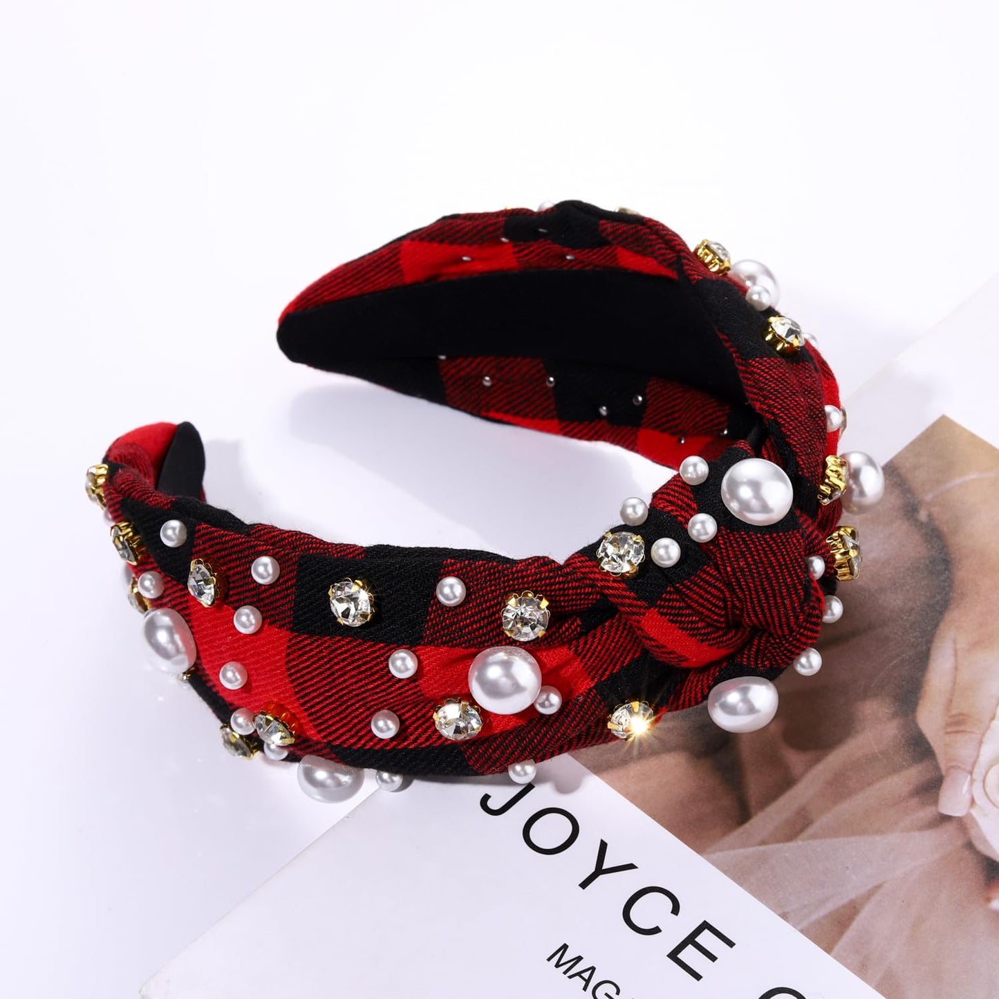 NVENF Christmas Headband for Women Jeweled Xmas Plaid Headband Embellished Crystal Pearl Knotted Headbands Wide Top Knot Holiday Headband Christmas Hair Accessories Holiday Outfits Gifts (Red)