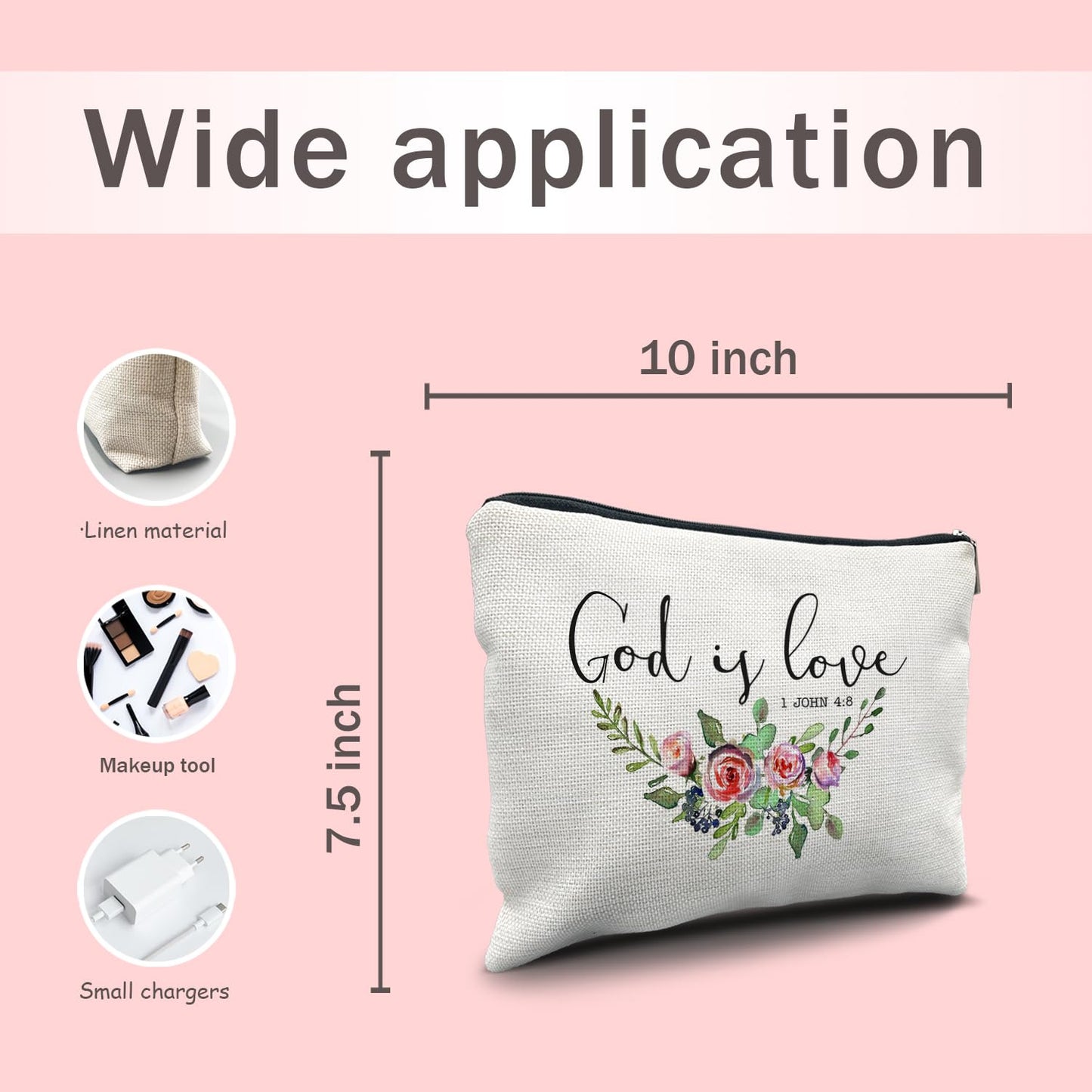 Nogrit Christian Inspirational Makeup Bag Cosmetic Bags for Women, Christian Gifts for Women Faith, Religious Bible Verse Small Makeup Cosmetic Bag for Purse, Floral Makeup Bag, 1 John 4:8