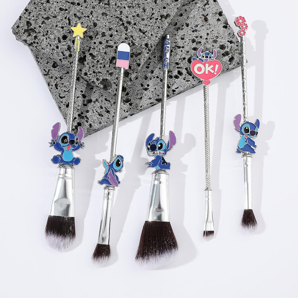 Adorable Stitch Theme Makeup Brushes Set - Cartoon Design with 5 Essential Brushes - Complete with Blue Makeup Brush Bag