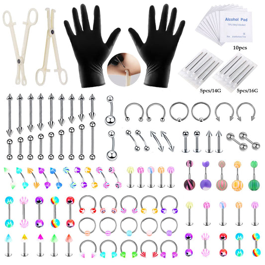 115PCS Professional Piercing Kit for All Piercings, Piercing Jewelry for Ear Lip Belly Button Tongue Tragus Cartilage Daith Body Piercing Tools Kit with 14G 16G Piercing Needles