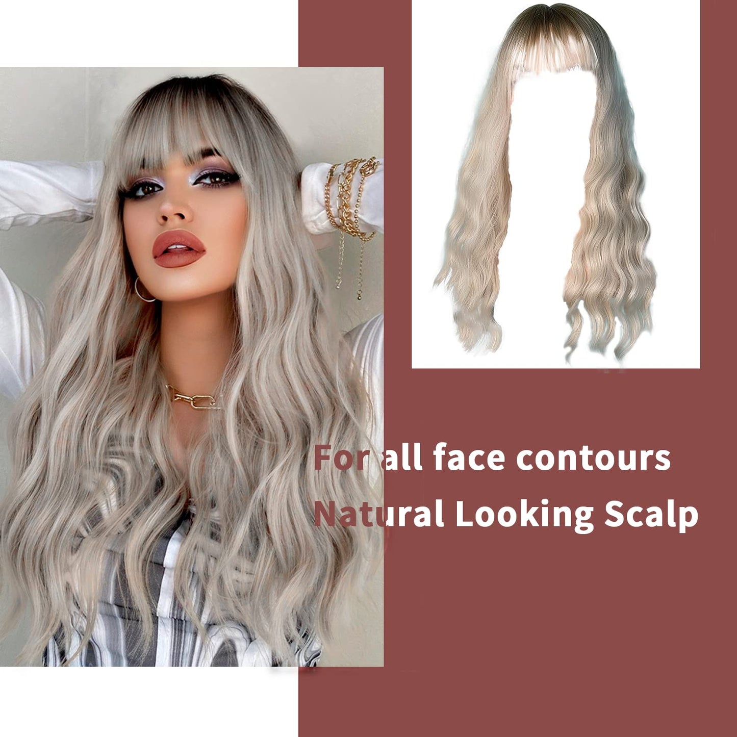 Singolas Platinum Blonde Wig with Bangs Shoulder Length Body Wave Long Curly White Platinum Blonde Wigs for Women Dark Root Blonde Hair Wigs 20 Inch, 1.0 Count