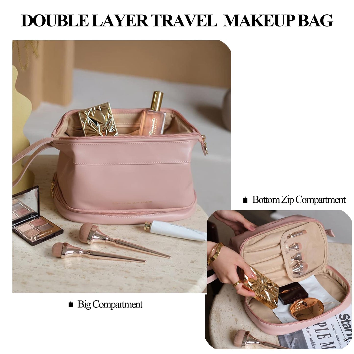 AUSEKALY Makeup Bag Travel Cosmetic Bag Double Layer Leather Toiletry Bag With Brush Bag For Women Girl High Capacity Make Up Bag Portable Waterproof Makeup Pouch Pink