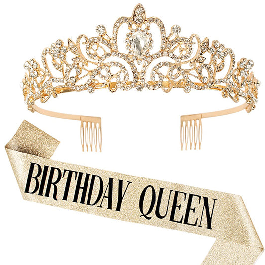 "Birthday Queen" Sash & Rhinestone Tiara Set COCIDE Silver for Women Birthday Decoration Kit Headband for Girl Glitter Crystal Hair Accessories for Party Cake Topper