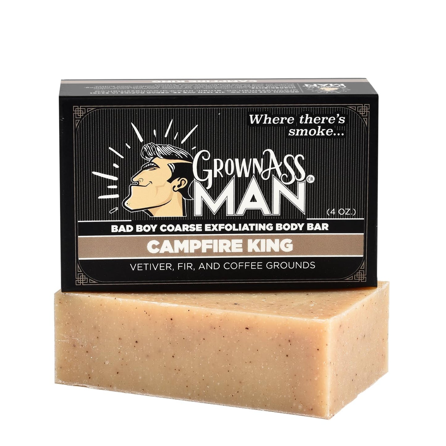 Grown Ass Man Co. Exfoliating Body Bars - Solid Soap with Natural Oils & Gentle Scrub - Plastic Free & Eco-Friendly, Natural & Organic for All Skin, 4oz Bar - Campfire King - Coarse Exfoliant, 6-Pack