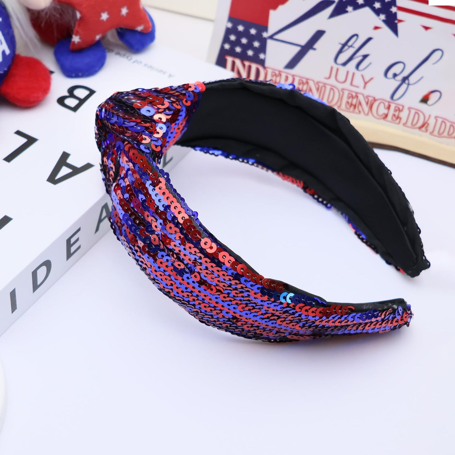 VHWMHEAD 4th of July Headbands - 4th of July Sequin Knotted Headbands for Women Girls Red Blue Hairband Sparkly Wide Hair Bands Glitter Headband Patriotic Hair Accessories