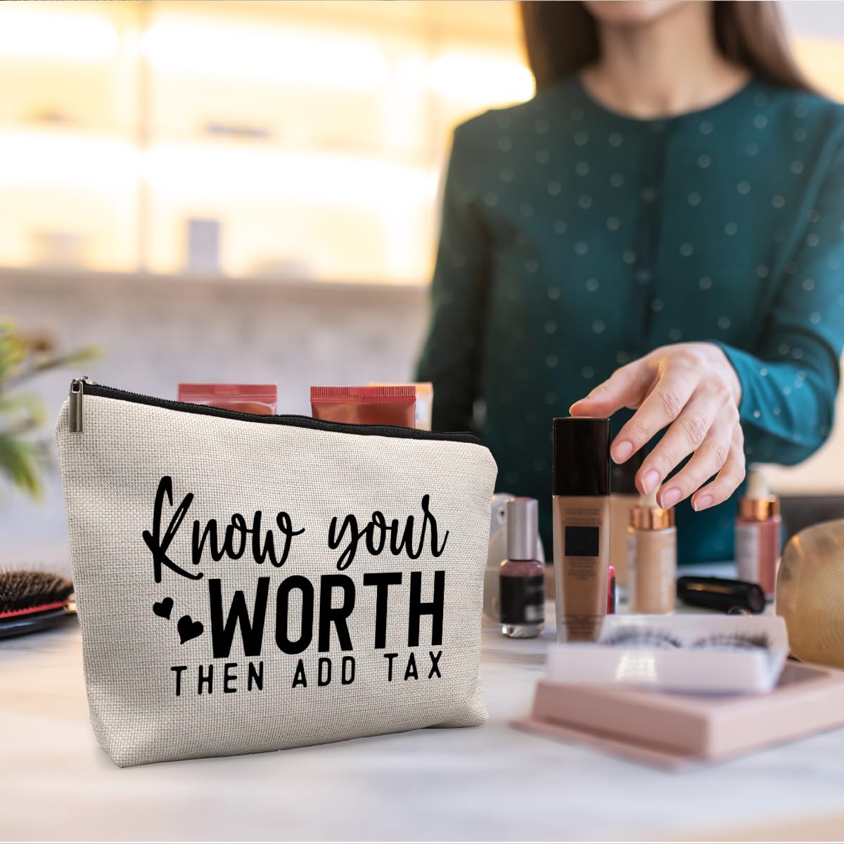 uinwk Funny Self Confident Gifts, Inspirational Motivational Encouragement Gifts for Women Coworkers, Know Your Worth Then Add Tax Funny Makeup Cosmetic Bags for Women