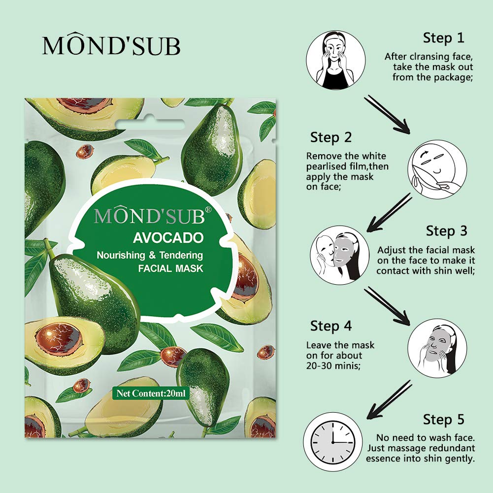 MOND'SUB [12 P] Avocado Oil Facial Masks-Best Sheet Mask For Dry Skin-Deeply Nourishing&Moisturizing- Make Skin Soft&Clear-Every Skin Condition Day to Day Skin Concerns-Both Men&Women