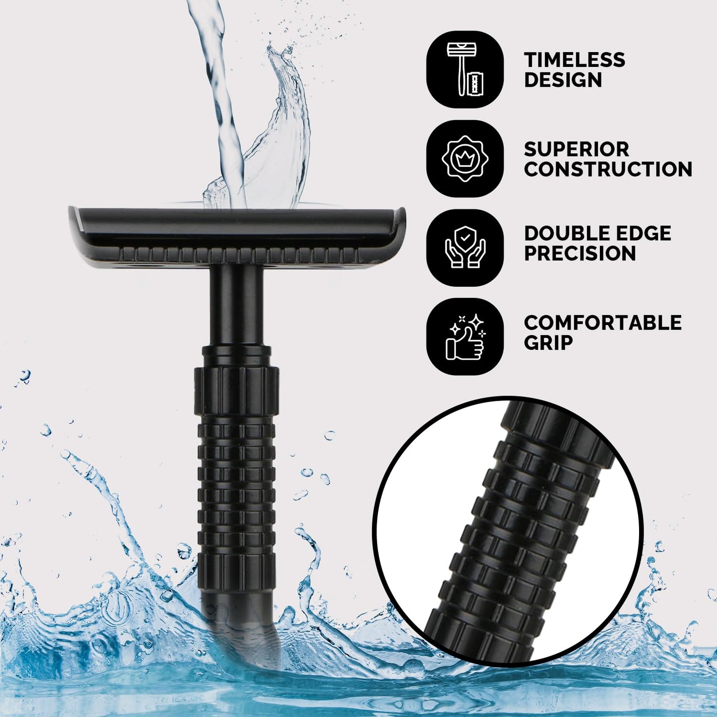 M. A. C.® Matte Black Double Edge Razor for Men & Women, Single Blade Razor, Long Handle Safety Razor with 5 Blades Smooth Reuseable & Eco Friendly