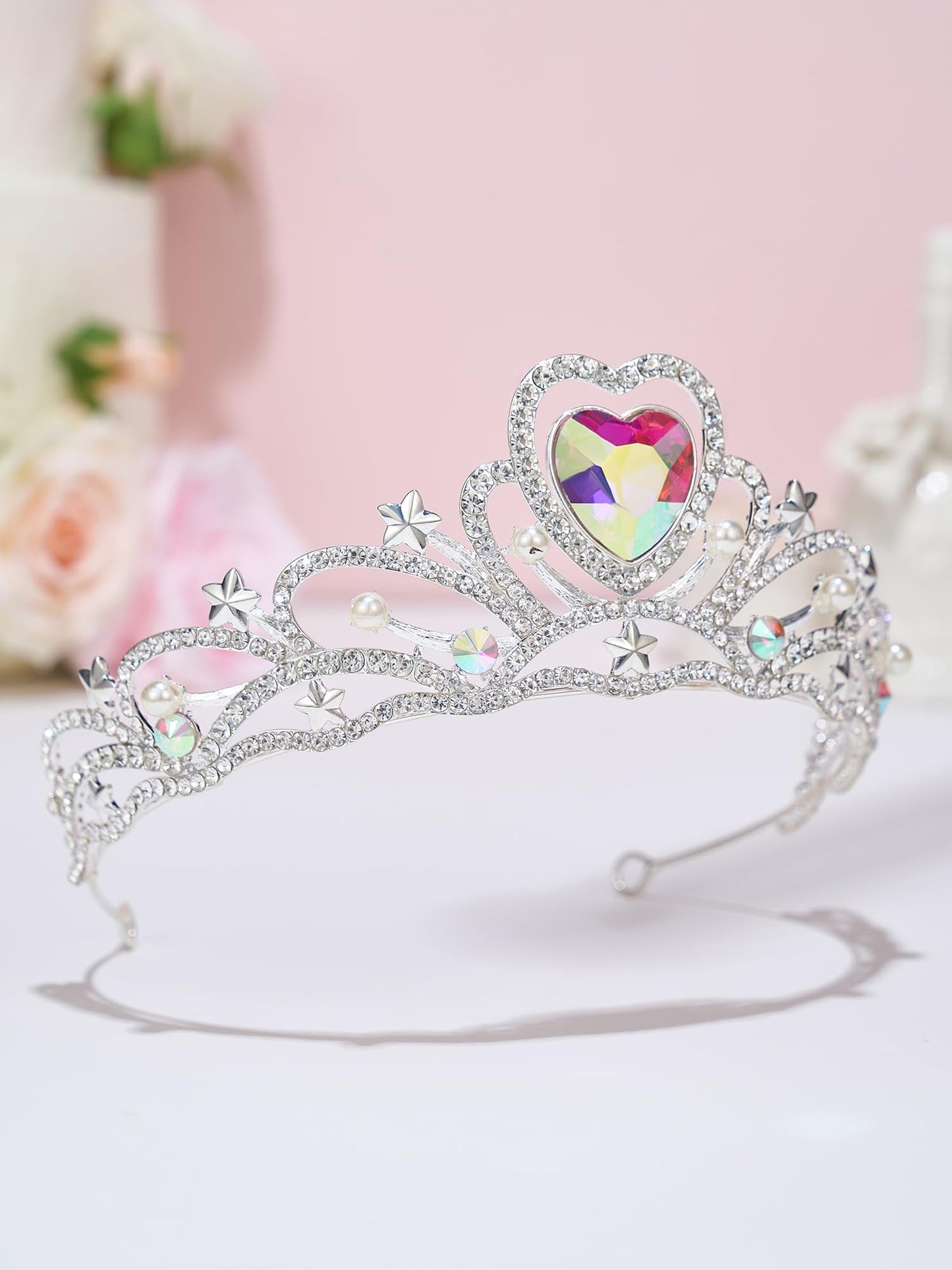 SWEETV Birthday Crowns for Women Girls Birthstone Heart Princess Tiara Silver Wedding Headband for Birth Day Party Photograph, Jun