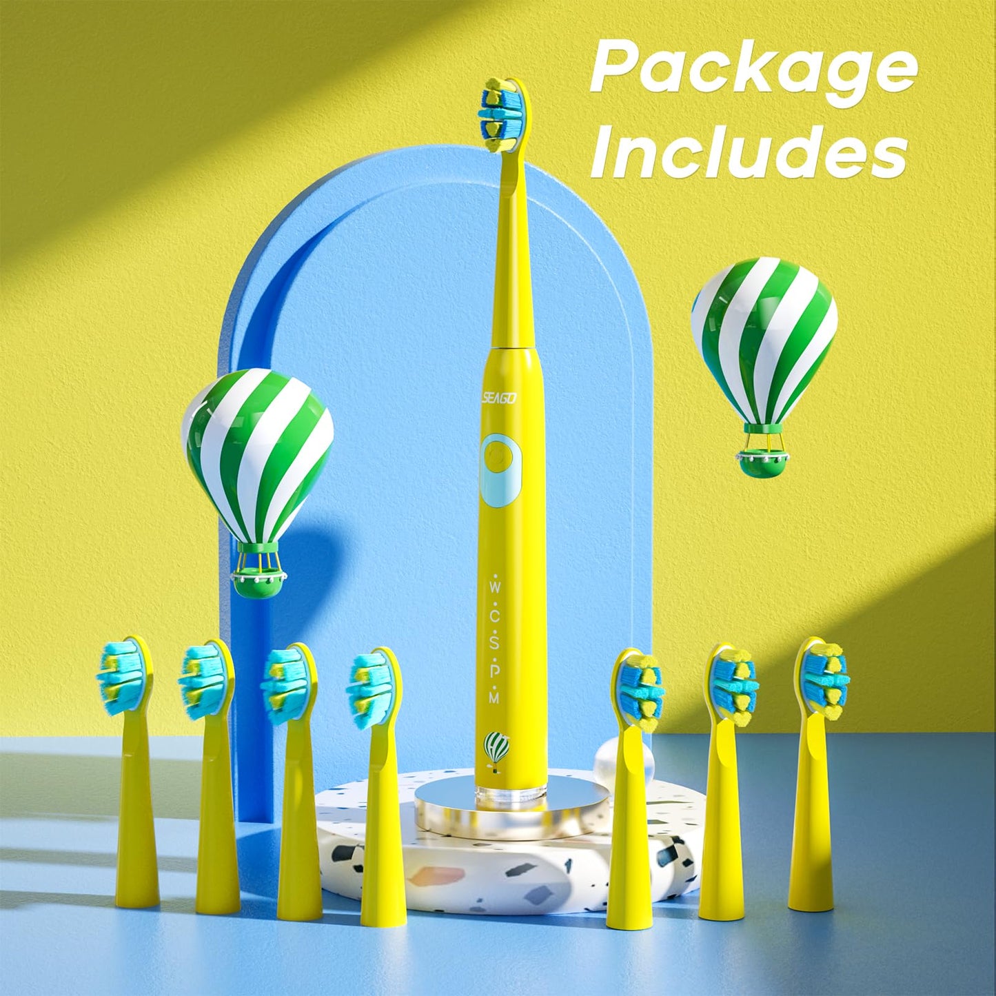 SEAGO Kids Electric Toothbrush, Rechargeable Sonic Soft Bristle Toothbrushes with 8 Brush Heads, DIY Stickers and 5 Modes, Ideal for Kids and Children, Ages 3–12(Yellow)