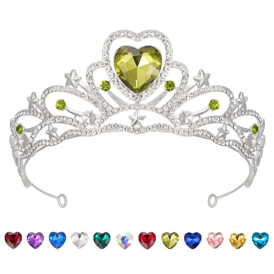 SWEETV Birthday Crowns for Women Girls Birthstone Heart Princess Tiara Silver Wedding Headband for Birth Day Party Photograph, Aug