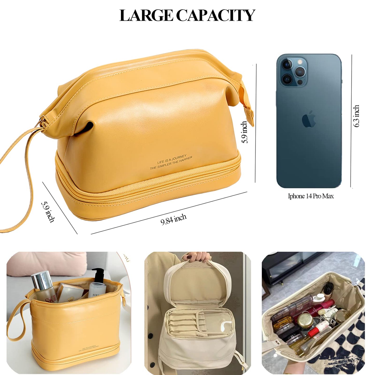 AUSEKALY Makeup Bag Travel Cosmetic Bag Double Layer Leather Toiletry Bag With Brush Bag For Women Girl High Capacity Make Up Bag Portable Waterproof Makeup Pouch Yellow