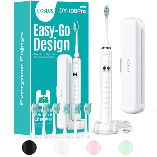 COSLUS Electric Toothbrush for Adults and Kids: Wireless Rechargeable Tooth Brush for Kid Ages 12+ and Adult with Portable Travel Case, 5 Modes 47000 VPM Power Toothbrushes 6 Brush Heads White