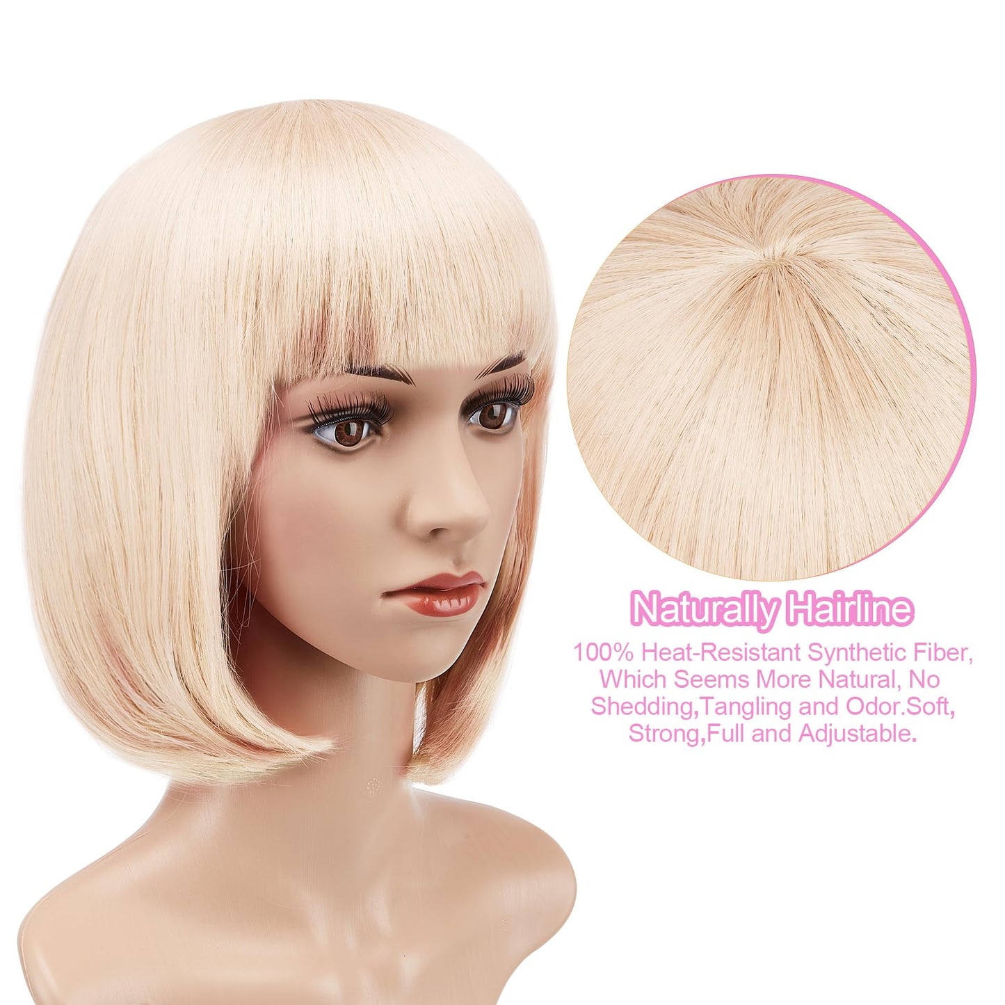 AGPTEK 13 Inches Straight Heat Resistant Short Bob Hair Wigs with Flat Bangs for Women Cosplay Daily Party - Beige White