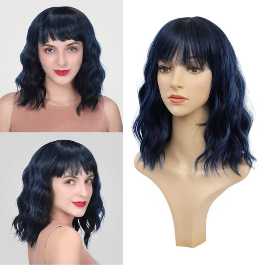 Wigs for Women - Black Mix Light Blue Wig with Bangs for Women, Short Wavy Bob Wig, Colorful Medium Length Wig, Pastel Colored Cosplay Wig Synthetic Costume Wigs, Halloween Wigs……