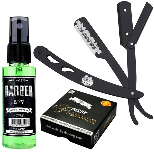 The Shave Factory Straight Edge Razor Kit (Black/Barber No7 Cologne 50ml / 100 Derby Premium Single Edge Razor Blades)