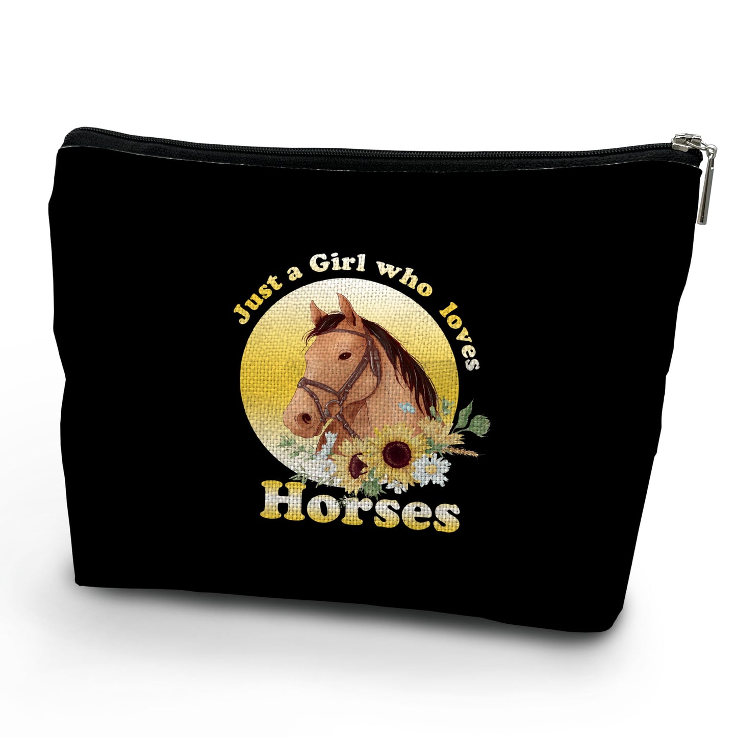 NATSUNO Horses Black Makeup Bag,Horses Cosmetic Bag,Floral Makeup Bag,Girls Makeup Bag,Makeup Bag For Girls,Just A Girl Who Loves Horses Make Up Bag