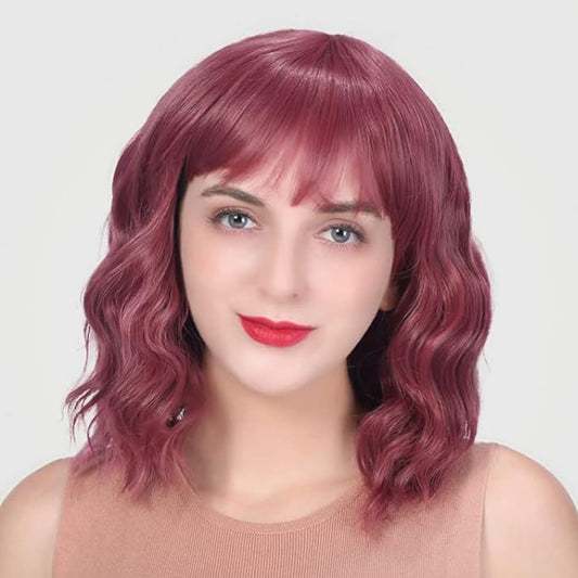 Wigs for Women - Light Wine Red Wig with Bangs for Women, Short Wavy Bob Wig, Colorful Medium Length Wig, Pastel Colored Cosplay Wig Synthetic Costume Wigs, Halloween Wigs