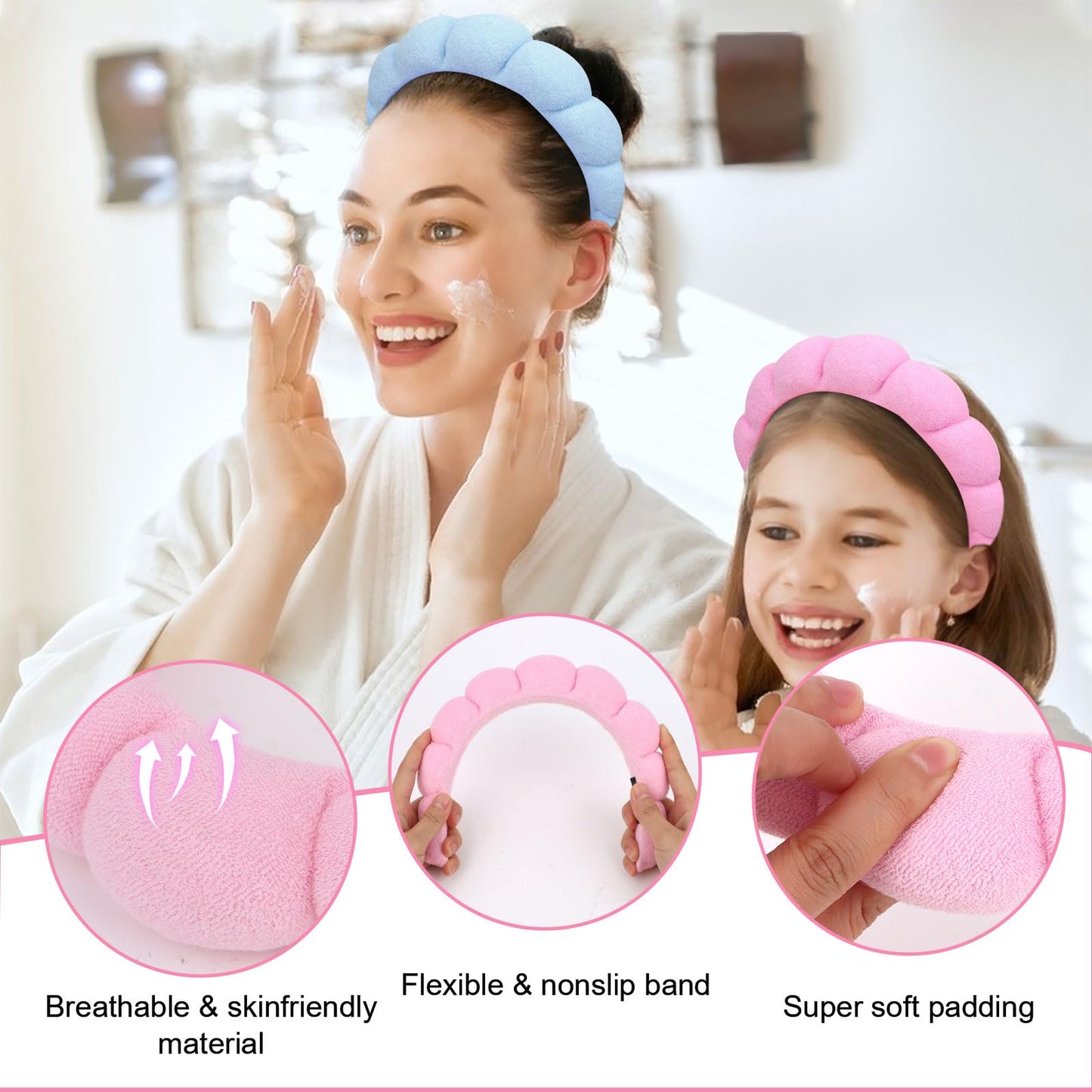 Wecoe 3pcs Skincare Headband For Washing Face Spa Headband Makeup Face Wash Headband Cute Pink Blue Black Puffy Sponge Bubble Headband Hair Accessories For Women Girls Kids Teens Gifts Girly Stuff