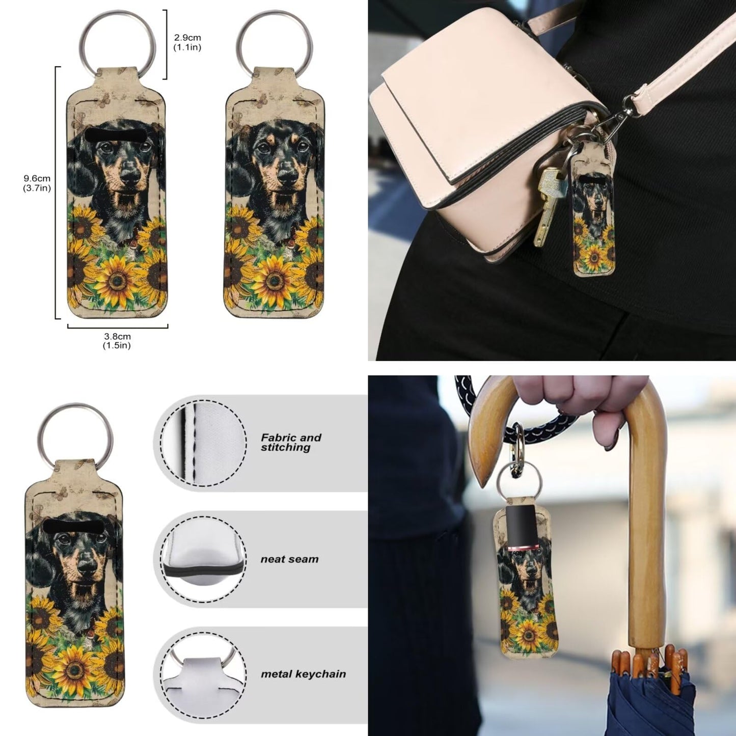 Suobstales Dachshund Butterfly Sunflower Print Chapstick Holder 1 Keychain Wristlet Lanyards 1 Mini Bottle Keychain Holder, Neoprene Travel Bottle Keychain Holders Set of 3