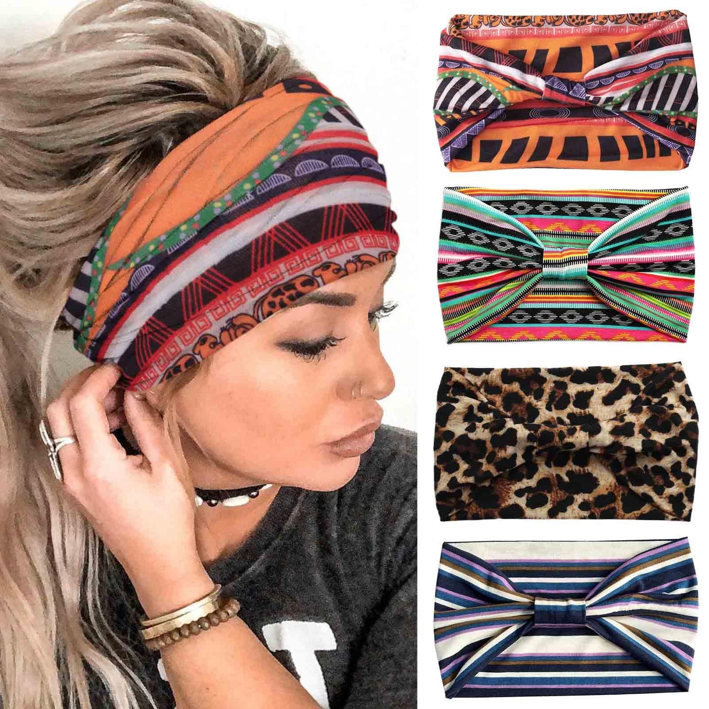 Acenail Wide Headbands Women Turban Knotted Headband Elastic Non Slip Hairbands African Head Bands Cotton Workout Head Wraps Bohemian Head Band Running Sports Hairband Yoga Head Scarfs Boho Hair