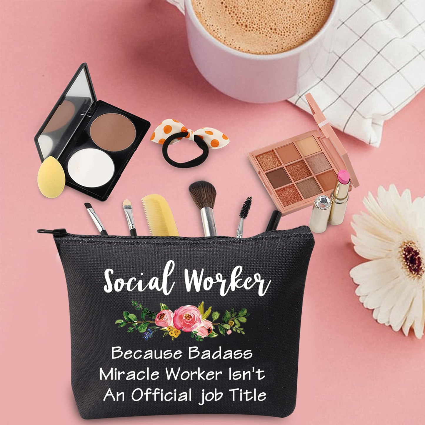 TSOTMO Social Work Appreciation Gift Social Worker Graduation Gift for Woman Because Badass Miracle Worker Isn't An Official Job Title Makeup Bag (Social Worker BLK)