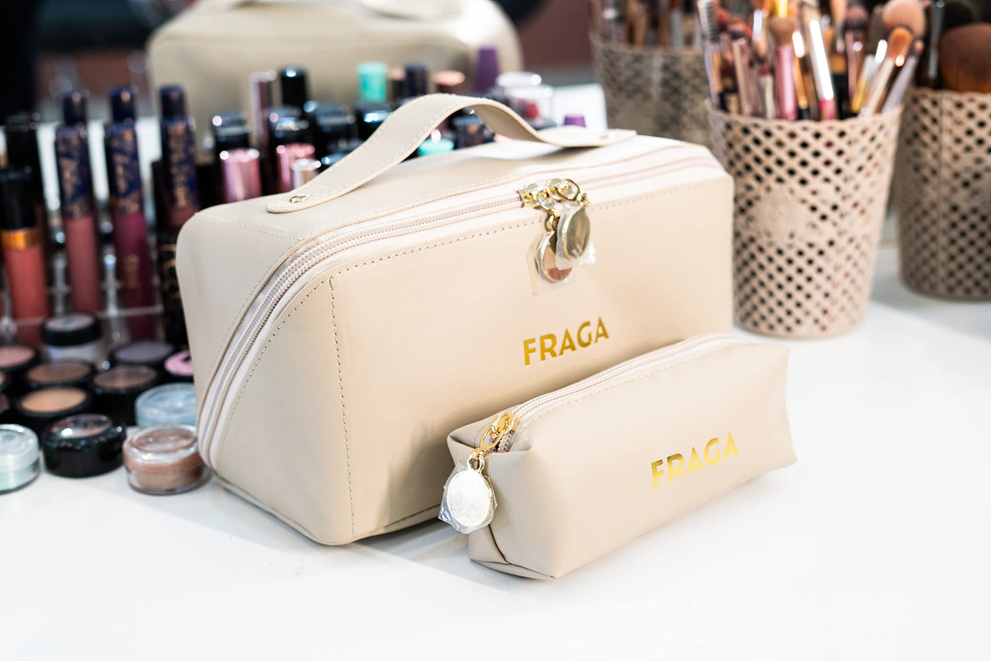 FRAGA 2 in 1 New Model Makeup Bag, Waterproof Cosmetic Bag, with Large Capacity, Skin Care Organizer for Travel, Easy to Clean (Beige)