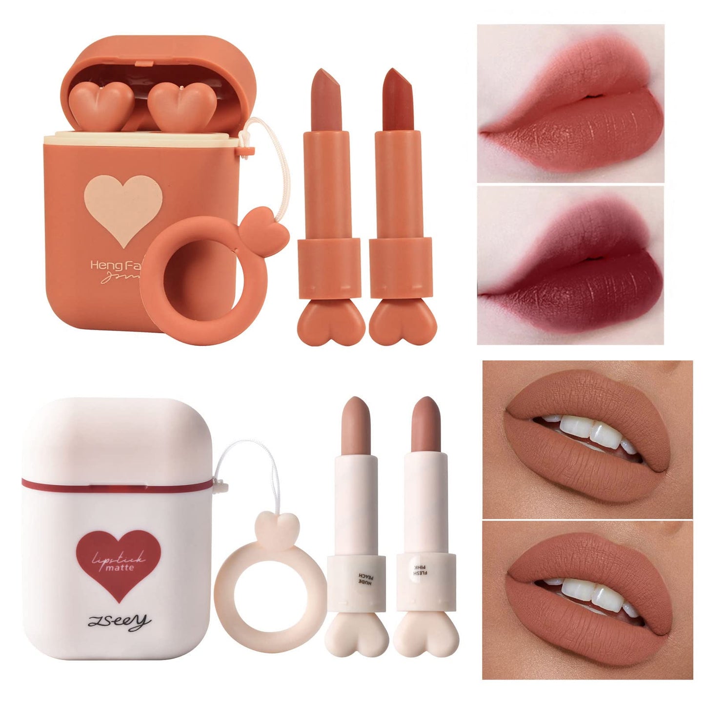 ZSeeY 2Set/Lot Earphone Shape Lipstick Set, Waterproof Long Lasting Velvet Moisturizing lip stain Dual-color Lip Gloss Primer, Non-stick Cup Nude Colors Matte Lips Make Up Gift Kit for Girls