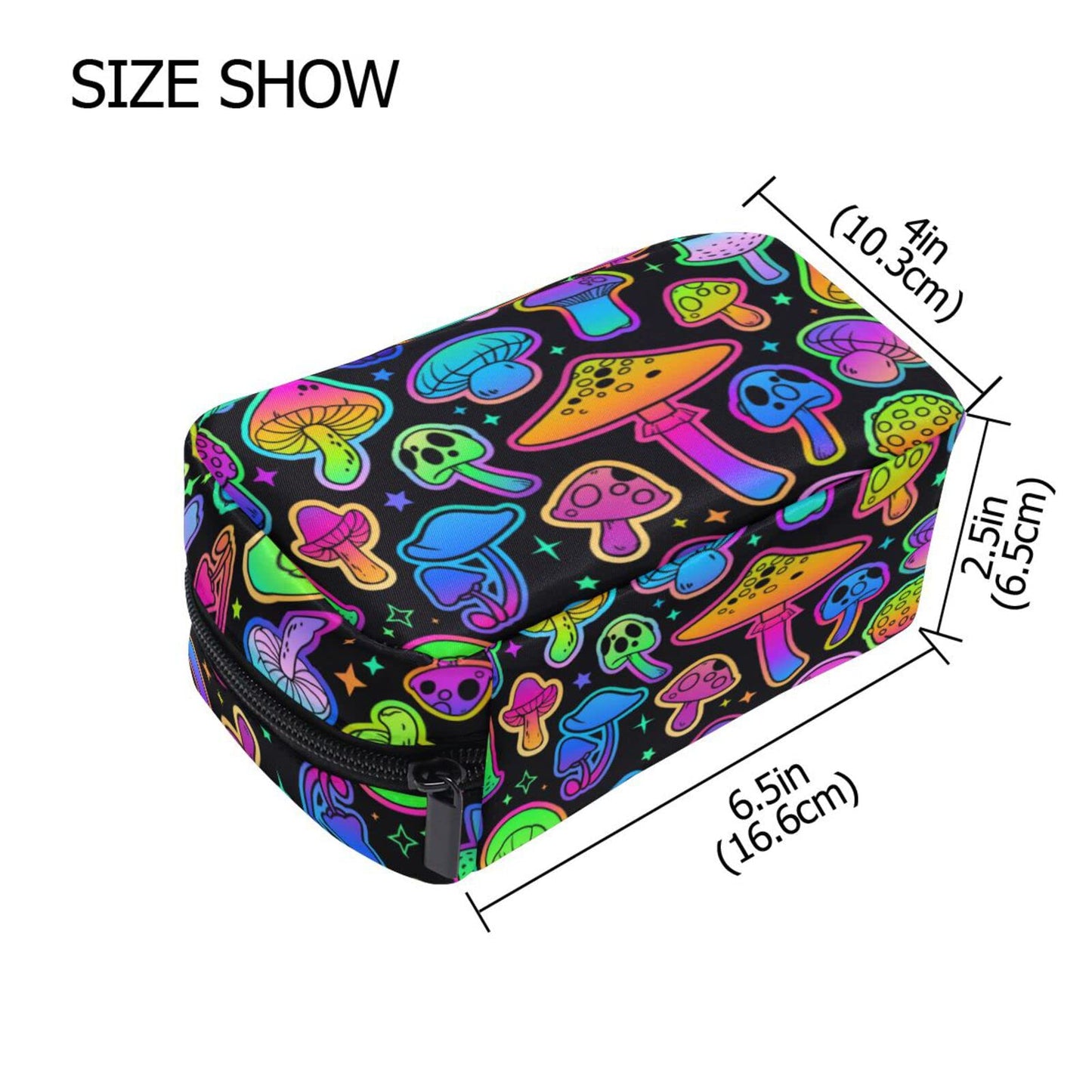 JHKKU Makeup Bag Colorful Mushrooms Square Cosmetic Bag Portable Travel Toiletry Bag Black Zipper Storage Bag for Women