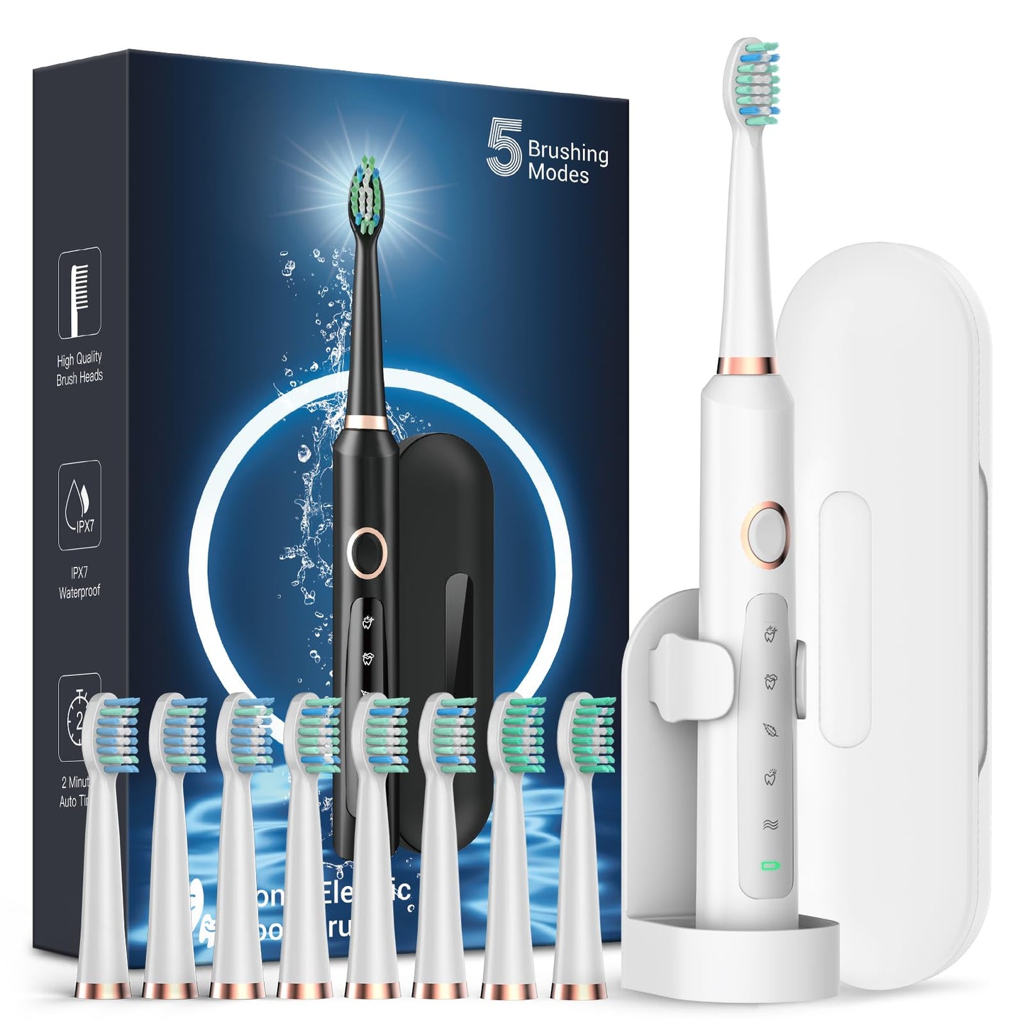 Rtauys M5 Sonic Electric Toothbrush for Adults - Rechargeable Electric Toothbrushes with 8 Brush Heads & Travel Case,Power Electric Toothbrush with Holder, 3 Hours Charge for 120 Days - White