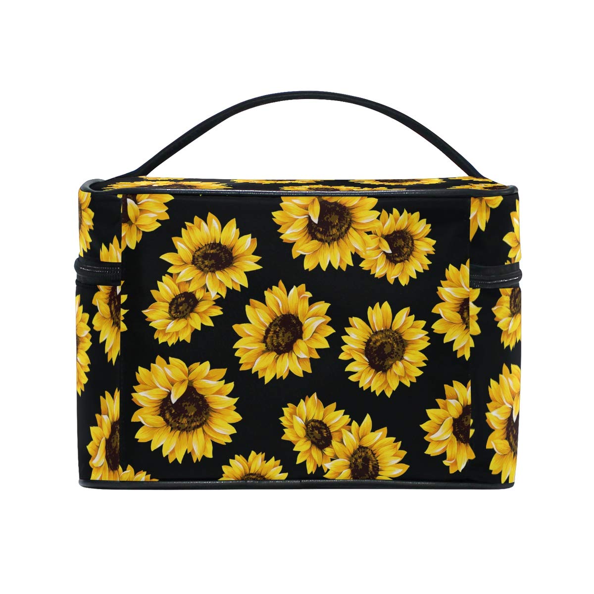 ZOEO Makeup Train Case Sunflower Black Pattern Korean Carrying Portable Zip Travel Cosmetic Brush Bag Organizer Large for Girls Women