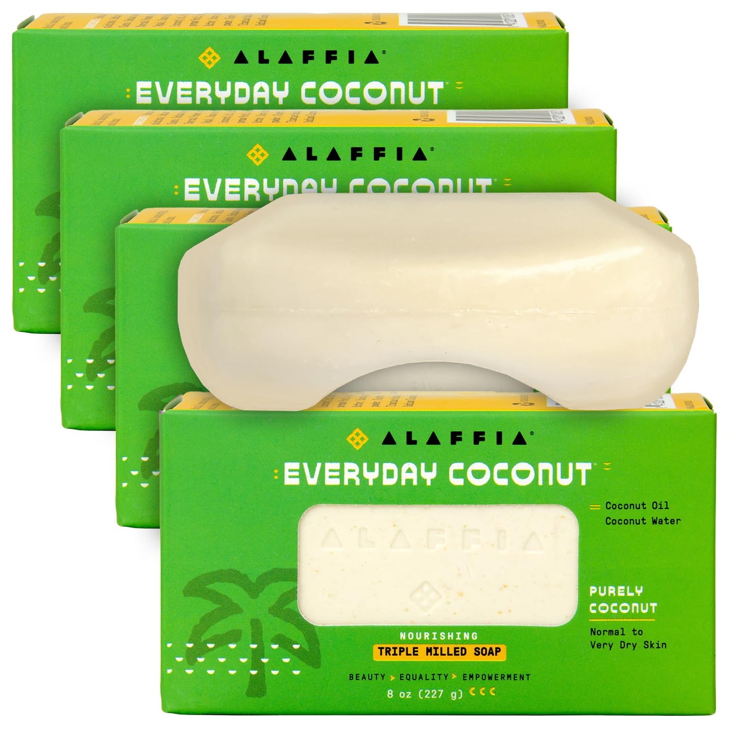 Alaffia EveryDay Coconut Soap Bar - Body Soap, Natural Coconut Oil, Shea Butter & Aromatic Plant Extracts, Ergonomic Bar Soap, Purely Coconut Scent, 8 Oz Ea (Pack of 4)