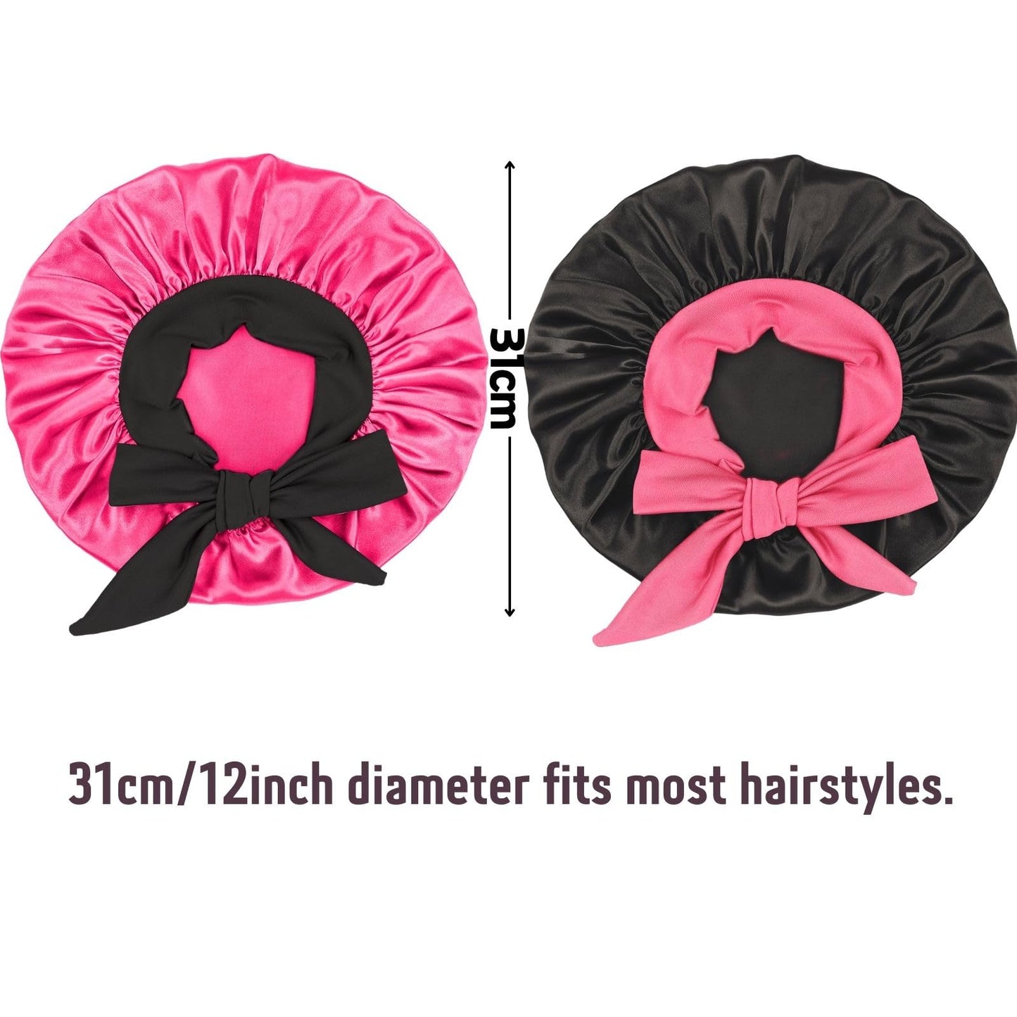 Satin Bonnet Silk Hair Cap: 2pcs Kids Bonnets with Adjustable Tie Band for Baby Toddler Sleeping Hair Bonnets Sleep Comfortable No Slip-Off (Black & HotPink)