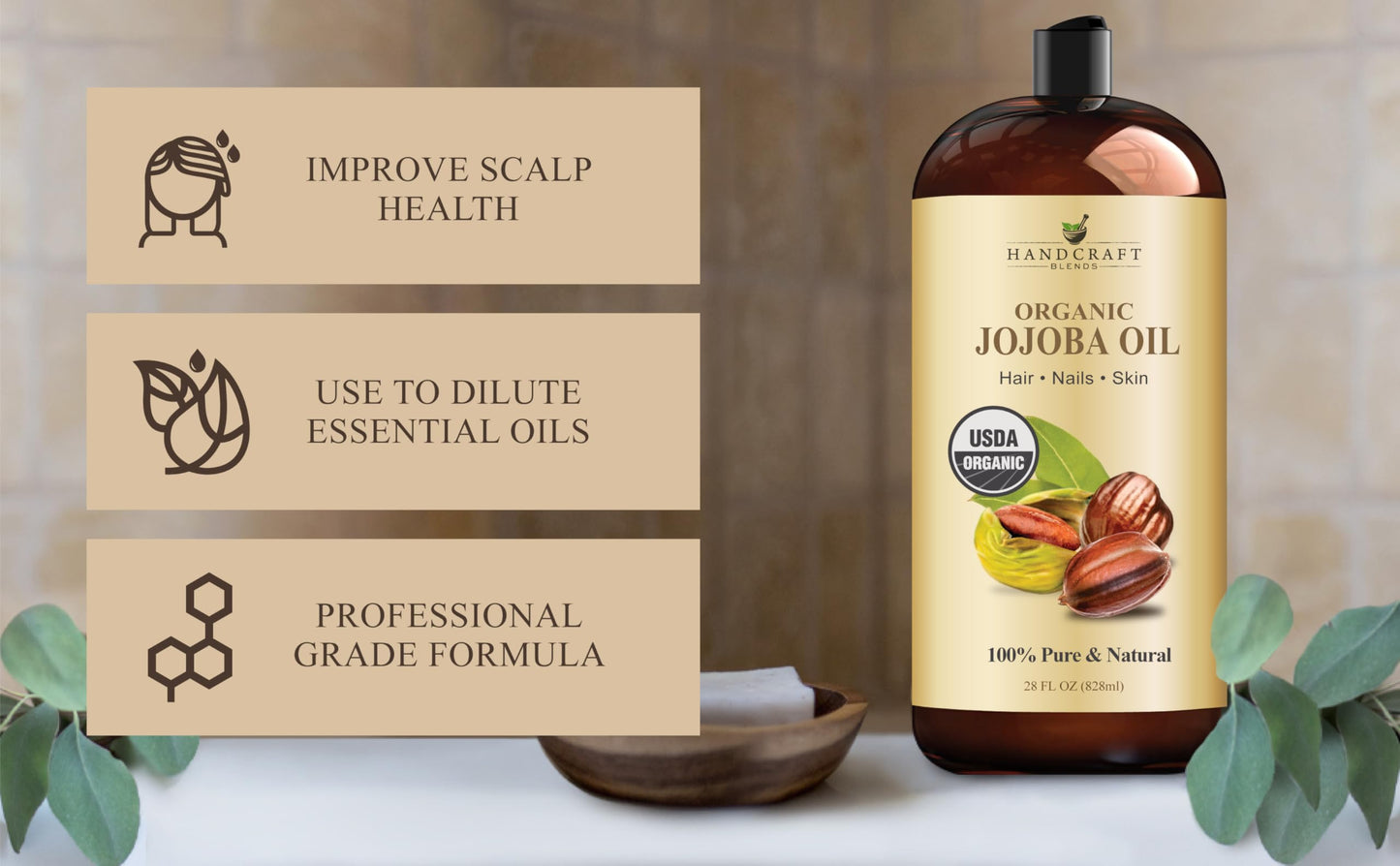 Handcraft Blends USDA Organic Jojoba Oil - 28 Fl Oz - 100% Pure and Natural - Premium Grade Oil for Face, Body and Hair - Anti-Aging Oil - Cold-Pressed and Hexane-Free