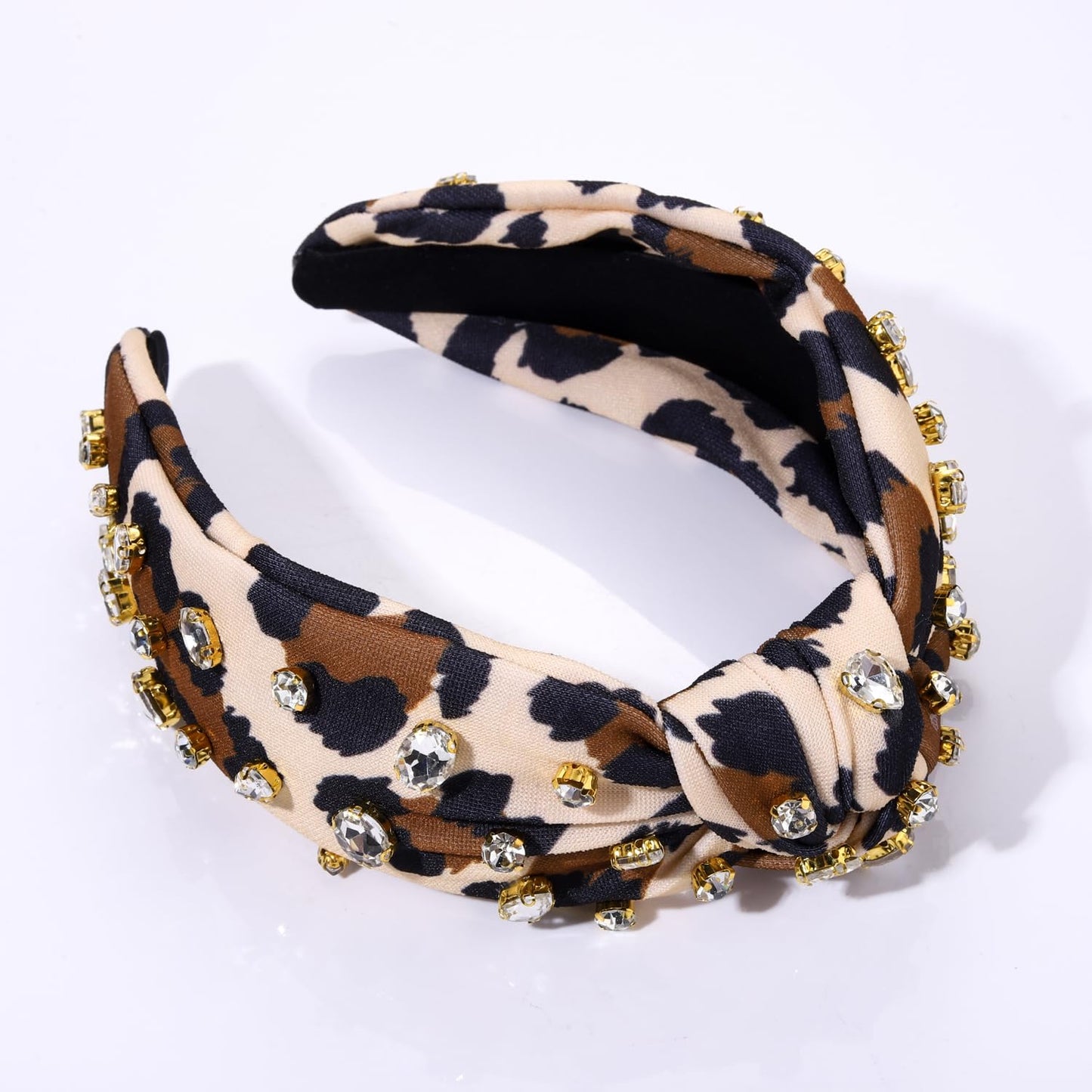 Leopard Knotted Headband for Women Pearl Rhinestone Jeweled Embellished Leopard Print Top Knot Hairband Cheetah Headpiece Statement Wide Turban Hair Hoop Funny Gifts for Girls Ladies Sister