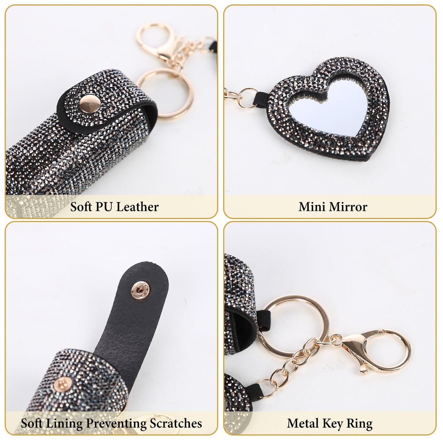 Lipstick Organizer Keychain, Rhinestone Lipstick Case with Mirror for Women, Portable Lipstick Leather Holder Lip Gloss Bag Lip Balm Case for Travel, Party, Holiday Gifts (Black)