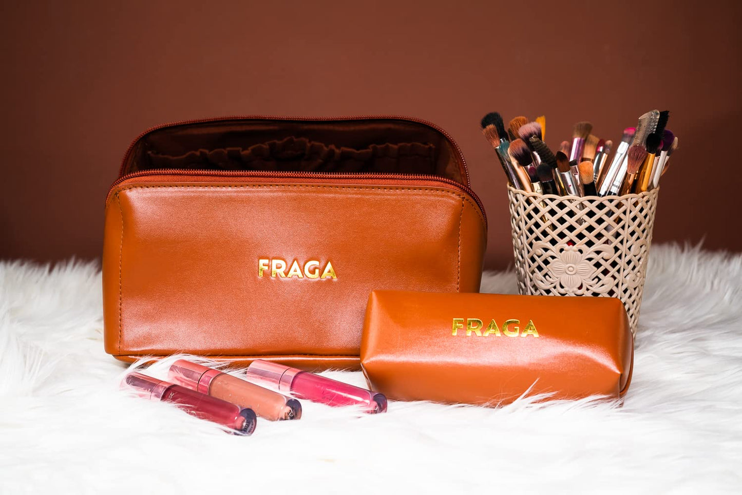 FRAGA 2 in 1 New Model Makeup Bag, Waterproof Cosmetic Bag, with Large Capacity, Skin Care Organizer for Travel, Easy to Clean (Brown)