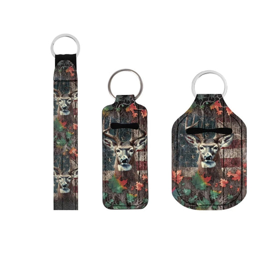 Suobstales Deer Print Chapstick Holder 1 Keychain Wristlet Lanyards 1 Mini Bottle Keychain Holder, Like-Wood American Flag Design Neoprene Travel Bottle Keychain Holders Set of 3