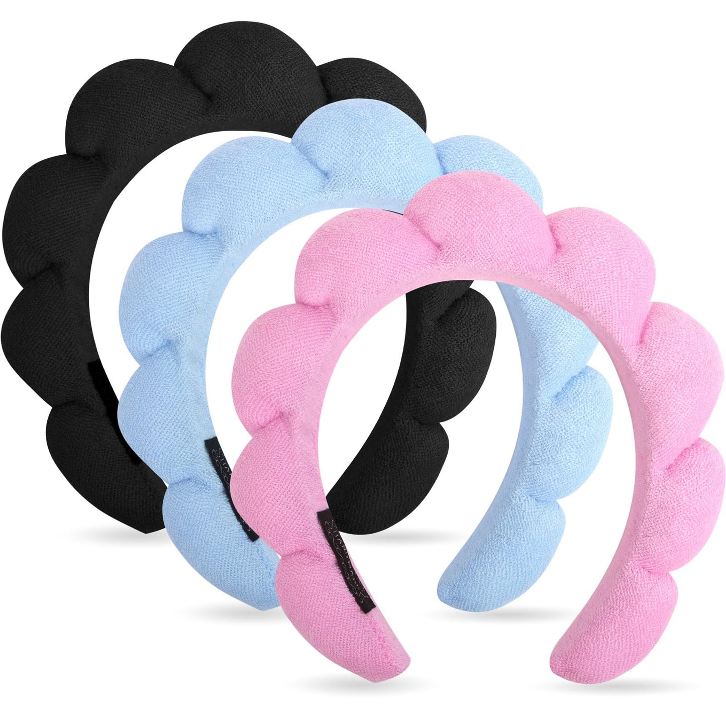 Wecoe 3pcs Skincare Headband For Washing Face Spa Headband Makeup Face Wash Headband Cute Pink Blue Black Puffy Sponge Bubble Headband Hair Accessories For Women Girls Kids Teens Gifts Girly Stuff