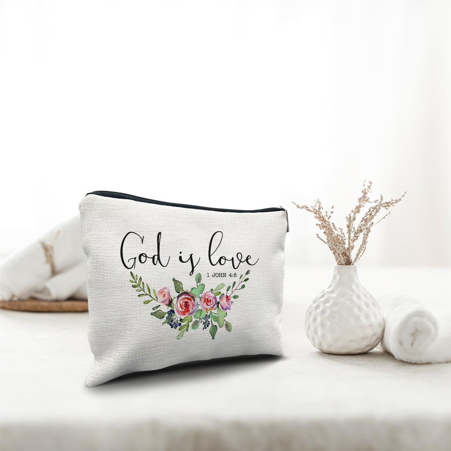 Nogrit Christian Inspirational Makeup Bag Cosmetic Bags for Women, Christian Gifts for Women Faith, Religious Bible Verse Small Makeup Cosmetic Bag for Purse, Floral Makeup Bag, 1 John 4:8