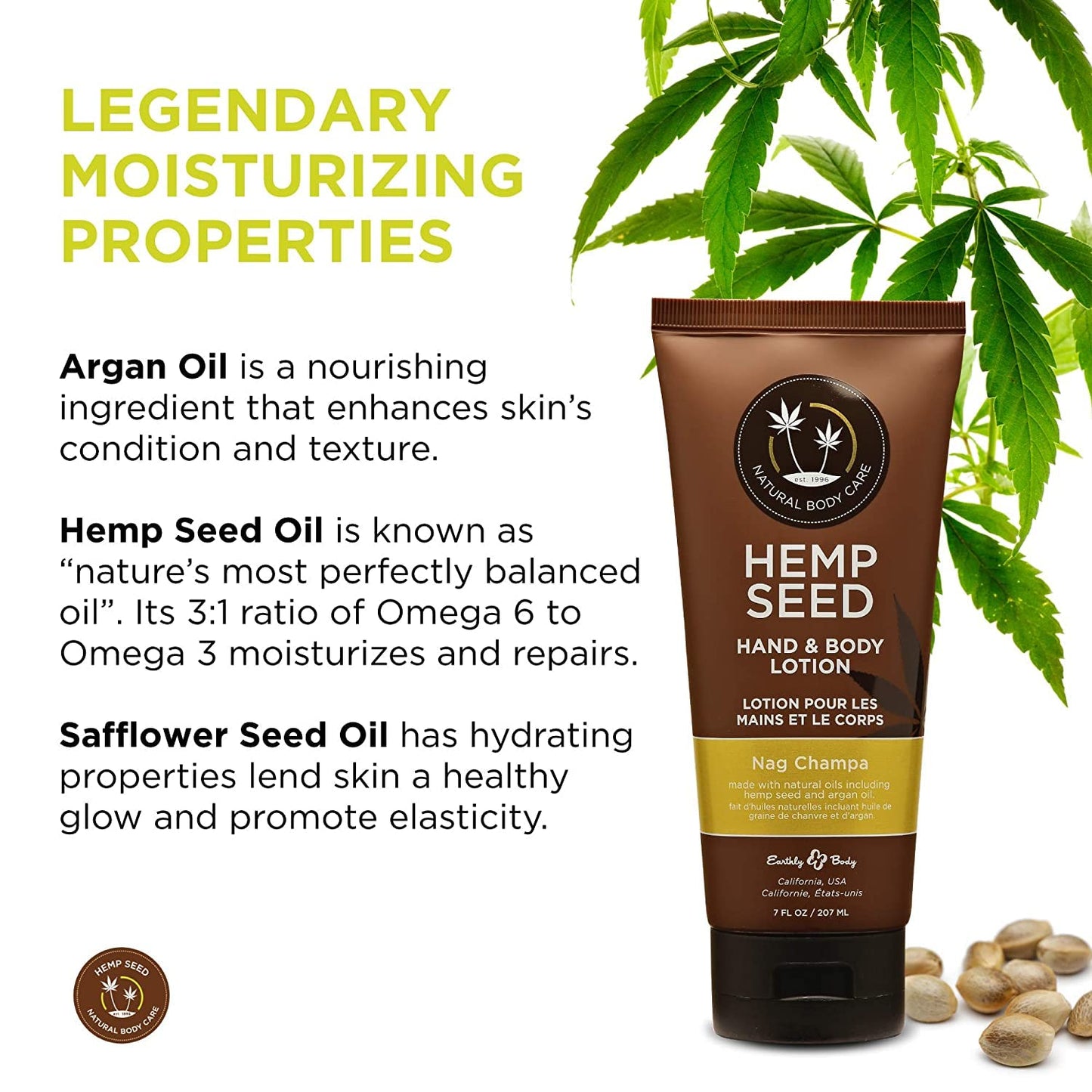 Hemp Seed Hand & Body Lotion, Nag Champa Scent - 7 oz. - Soothe Dry Skin - Argan Oil, Hemp Seed Oil - Light, Non-Greasy Formula - Vegan & Cruelty Free