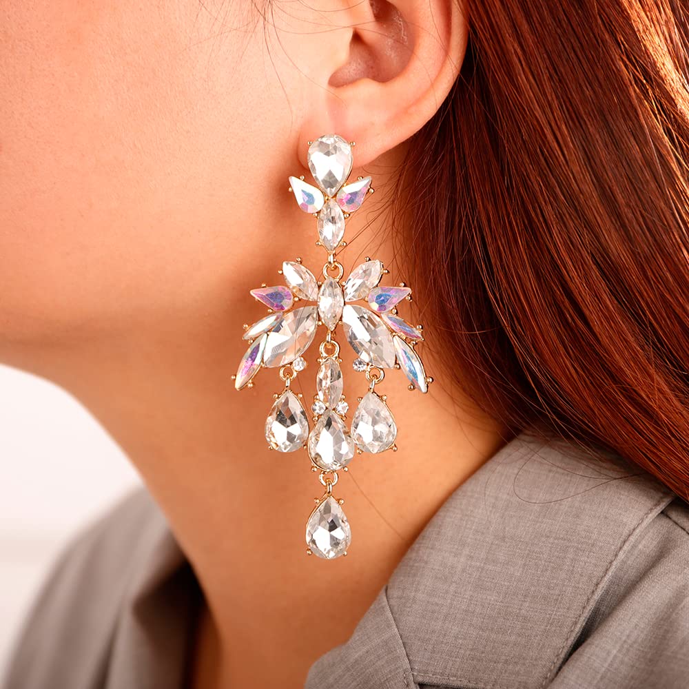 Xerling White Rhinestones Chandelier Tassel Drop Earrings for Women Statement Teardrop Iridescent Crystal Stud Earrings for Wedding Bling Bridal Earrings Dangling (White)